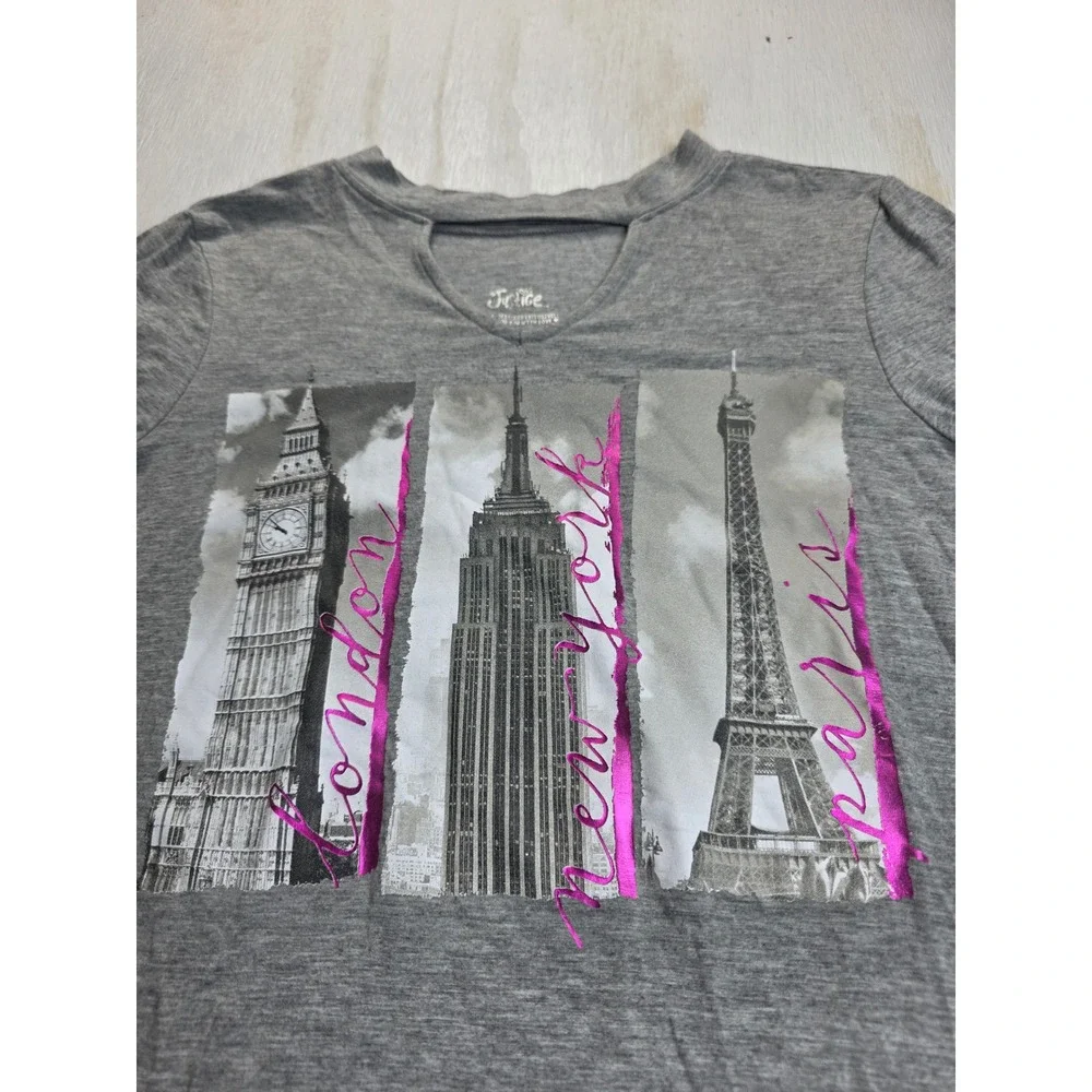 Justice Girls Gray Long Sleeve Graphic Tee London NY Paris Cutout Neck Size 14